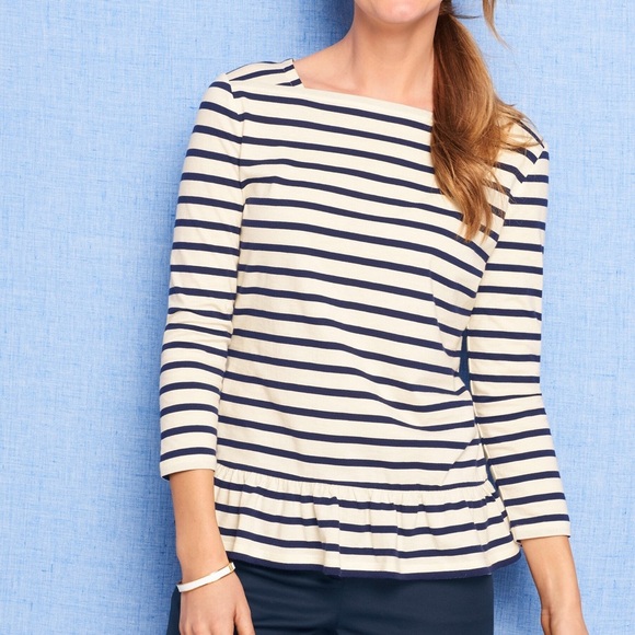 Talbots Woman 2X Preppy Laurel Stripe 3/4 Sleeves Square Neck Ruffle Peplum Tee - Picture 1 of 9